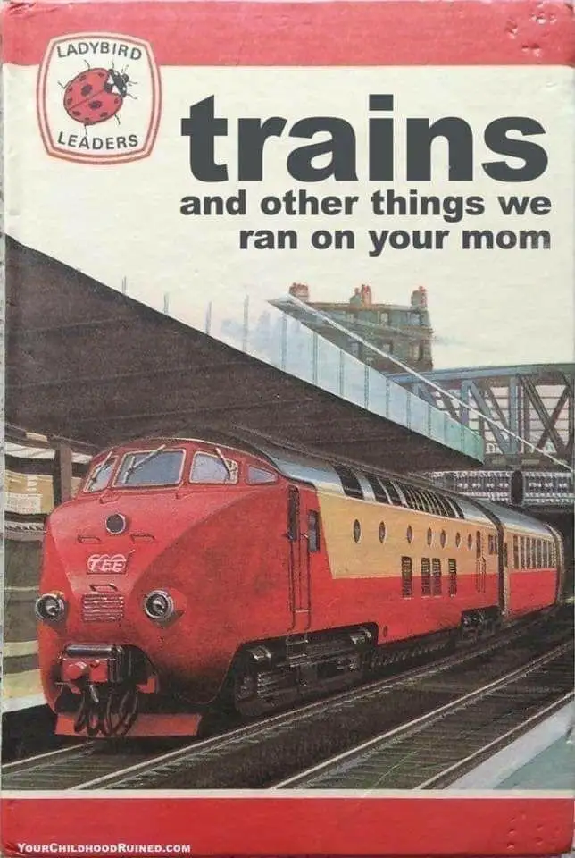 The image shows the cover of a vintage Ladybird Leaders book titled 'trains and other things we ran on your mom'. The cover…