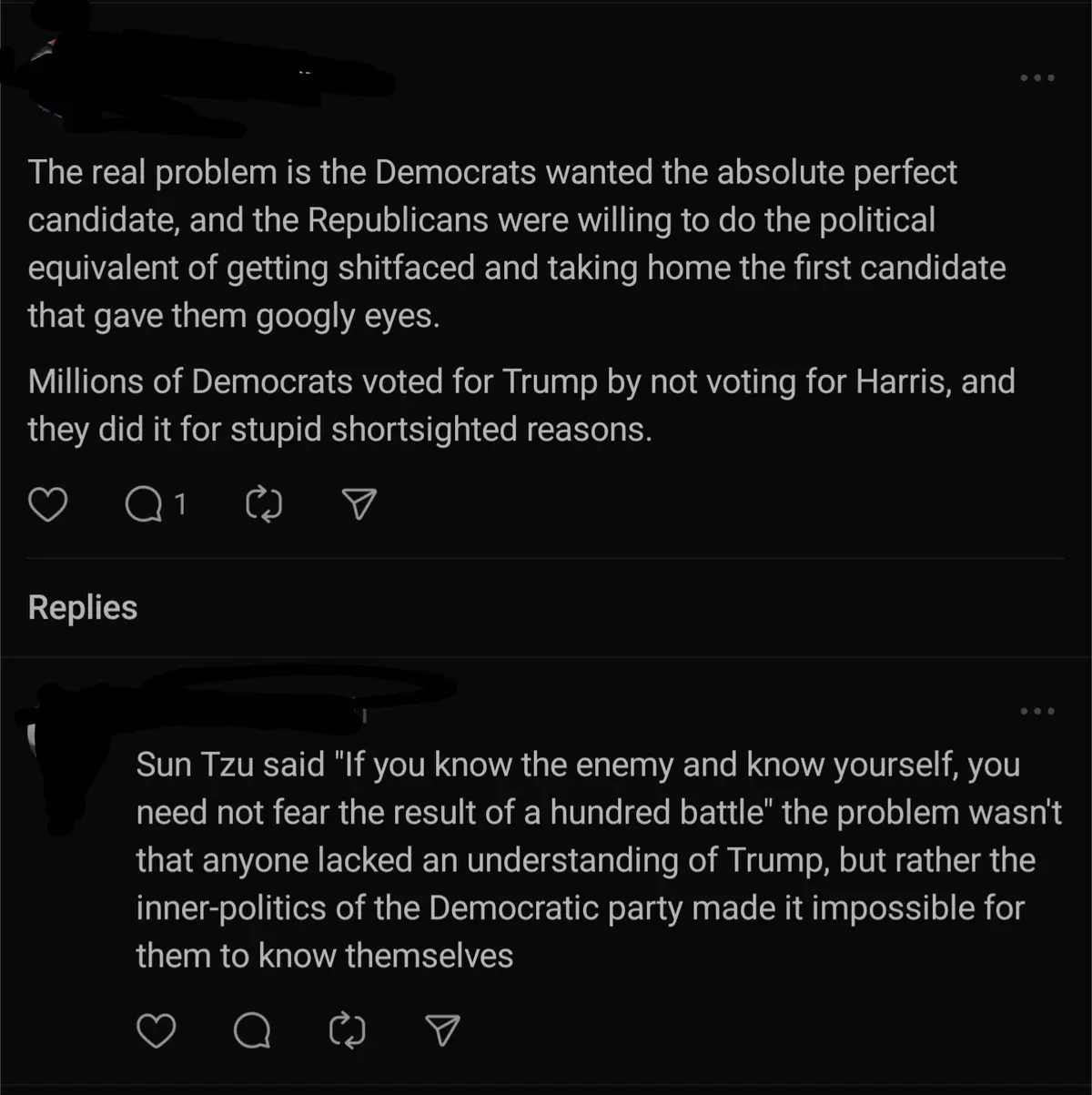A screenshot of a social media comment thread with two visible posts. The top post criticizes Democrats for not voting for…
