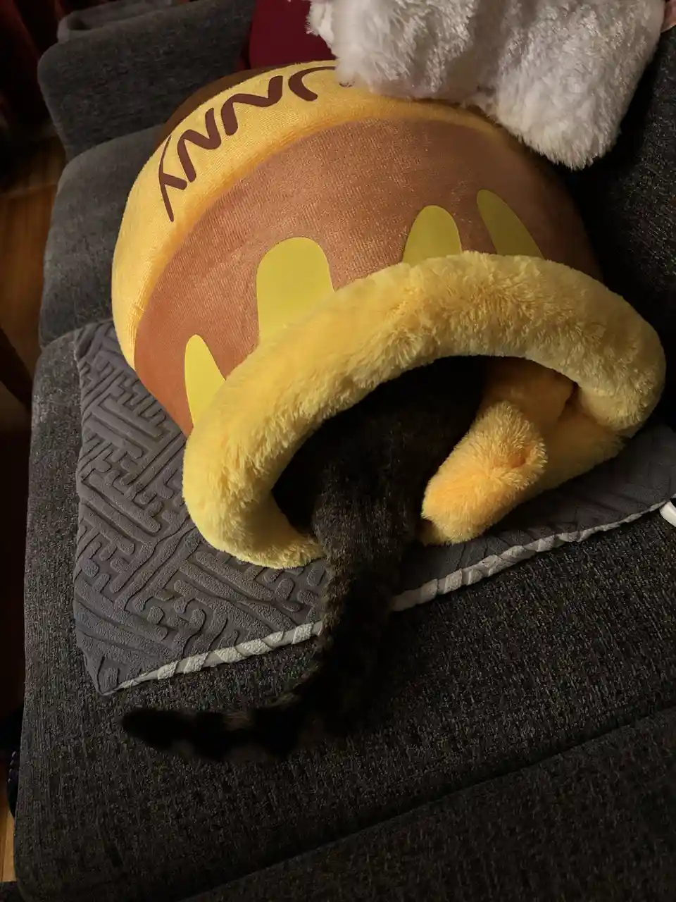 A dark tabby cat is curled up and sleeping inside a large, plush, yellow and brown pillow shaped like a cartoon cat's head…