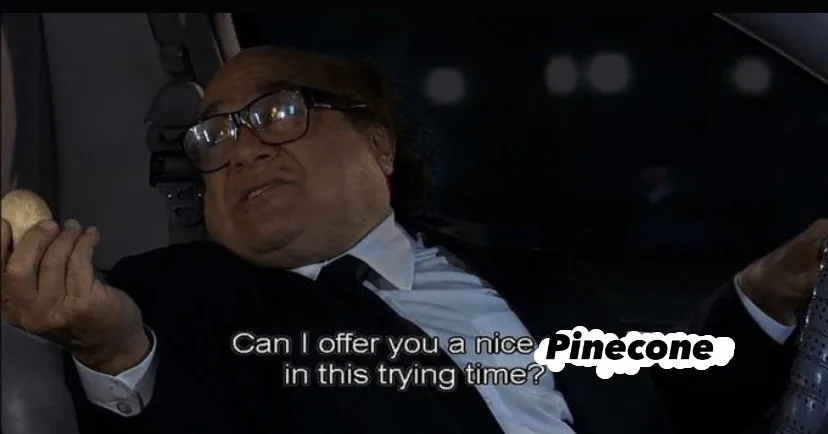 A man in a suit and glasses sits in a car, holding a pinecone, with overlaid text asking if he can offer a 'nice Pinecone'…