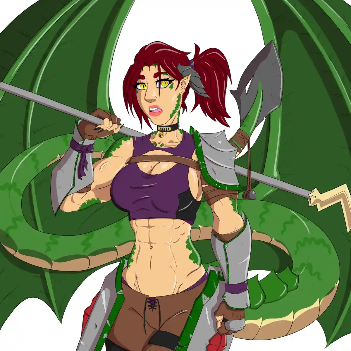 A muscular anime-style female warrior with red hair and green dragon scales on her skin and wings, wearing a purple top and…