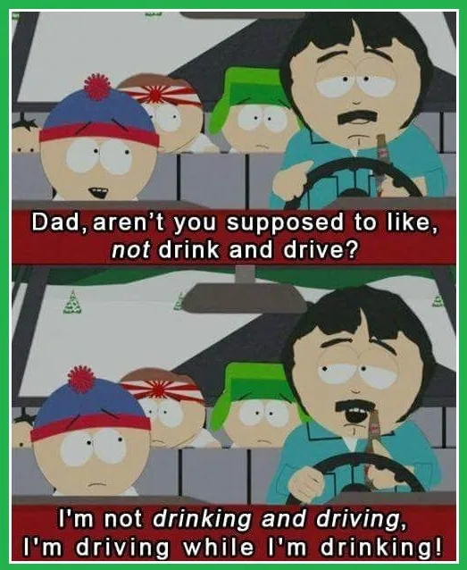 A two-panel South Park meme featuring Kenny, Stan, and Kyle in the backseat of a car while their dad, Mr. Garrison, drives…