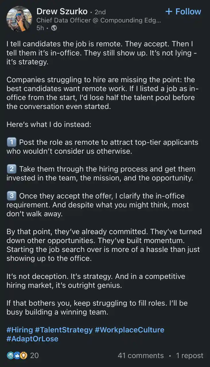 A screenshot of a LinkedIn post by Drew Szurko, Chief Data Officer, detailing a hiring strategy where jobs are initially…