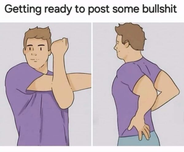 Two-panel cartoon showing a man in a purple shirt first pulling his shirt up to reveal his bicep, then turning to show his…