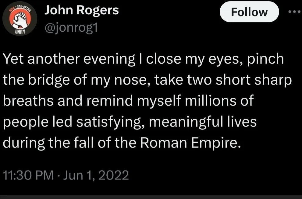 A screenshot of a tweet by John Rogers (@jonrog1) with a black background and white text. The tweet reads: 'Yet another…