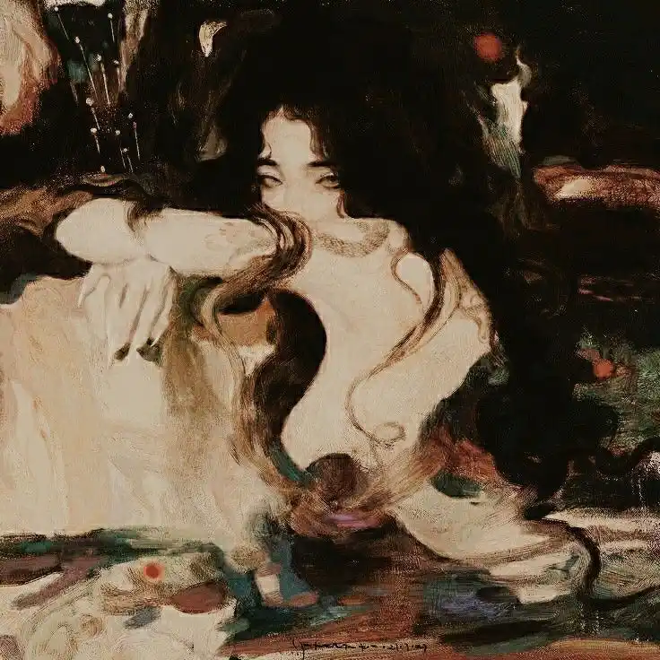 A dark, painterly image shows a woman with long dark hair, her face partially obscured as she leans forward with her arms…