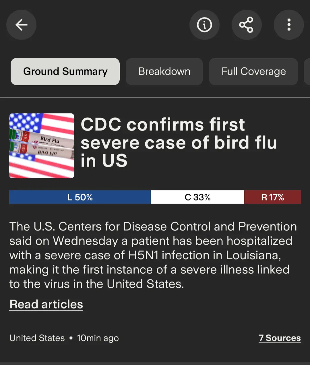 A screenshot of a news article headline about the CDC confirming the first severe bird flu case in the US, overlaid with a…