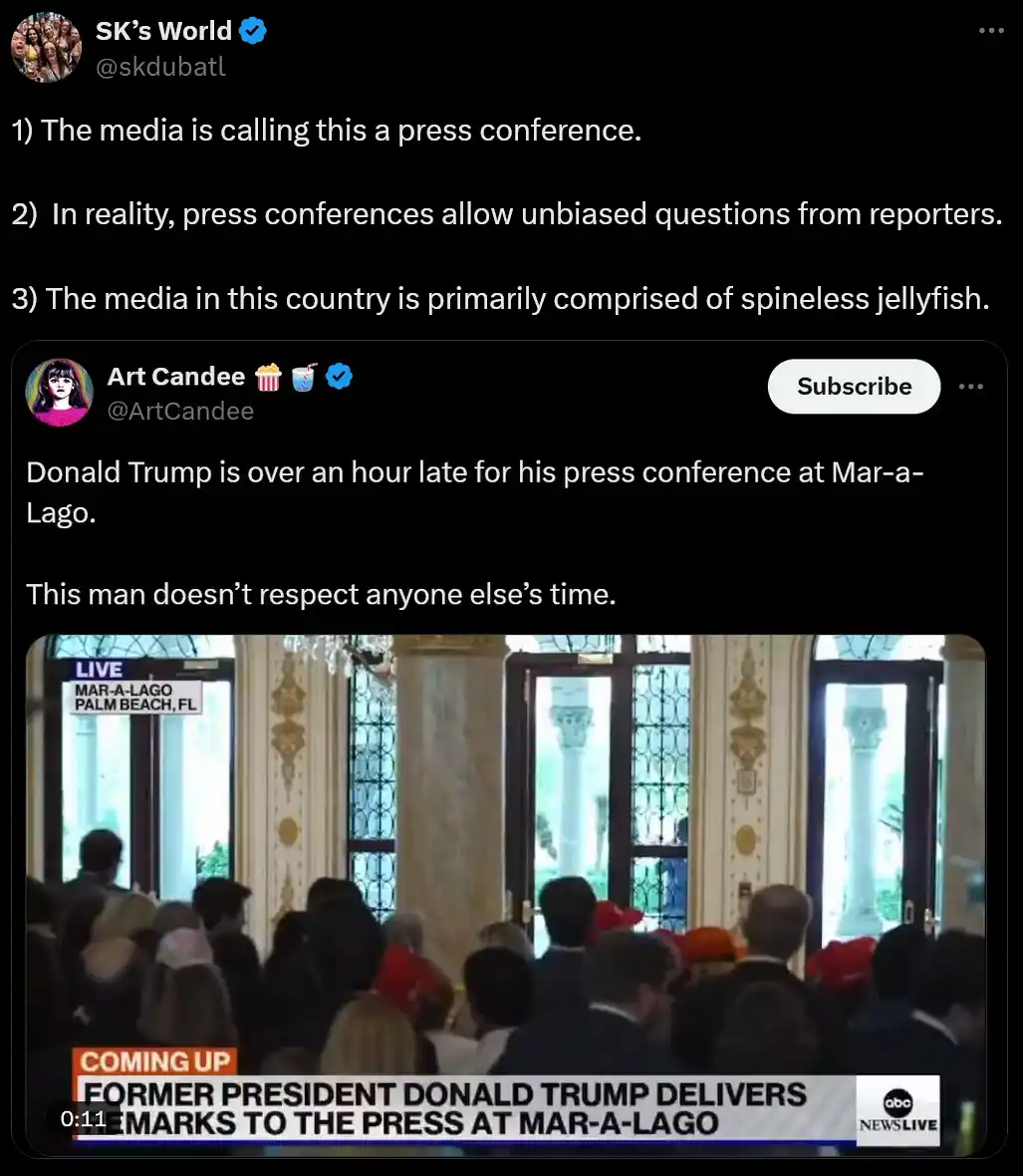 A screenshot of a tweet from 'SK's World' overlays three sarcastic points about press conferences and media bias on top of a…