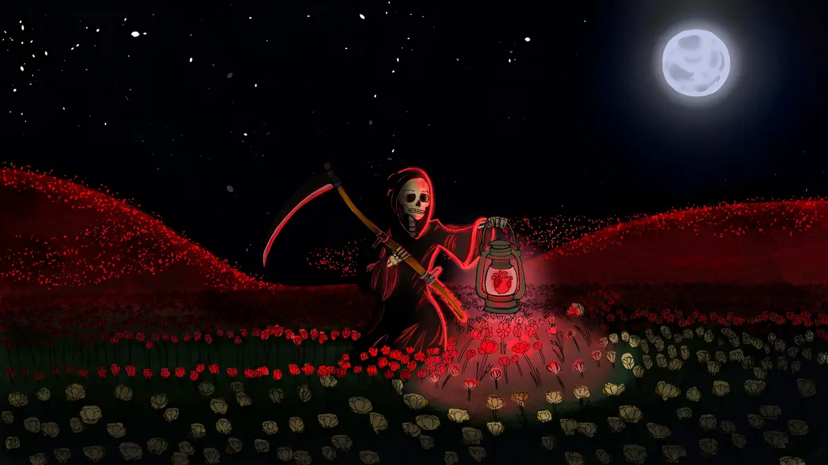 A skeletal figure in a dark robe, holding a glowing red lantern with a heart inside and a scythe, stands in a field of red…