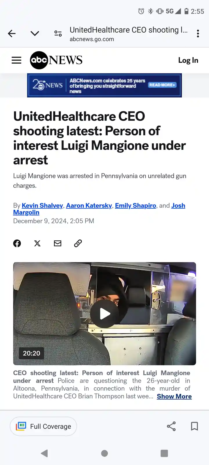 A screenshot of an abcnews.go.com article about the arrest of Luigi Mangione, the person of interest in the UnitedHealthcare…