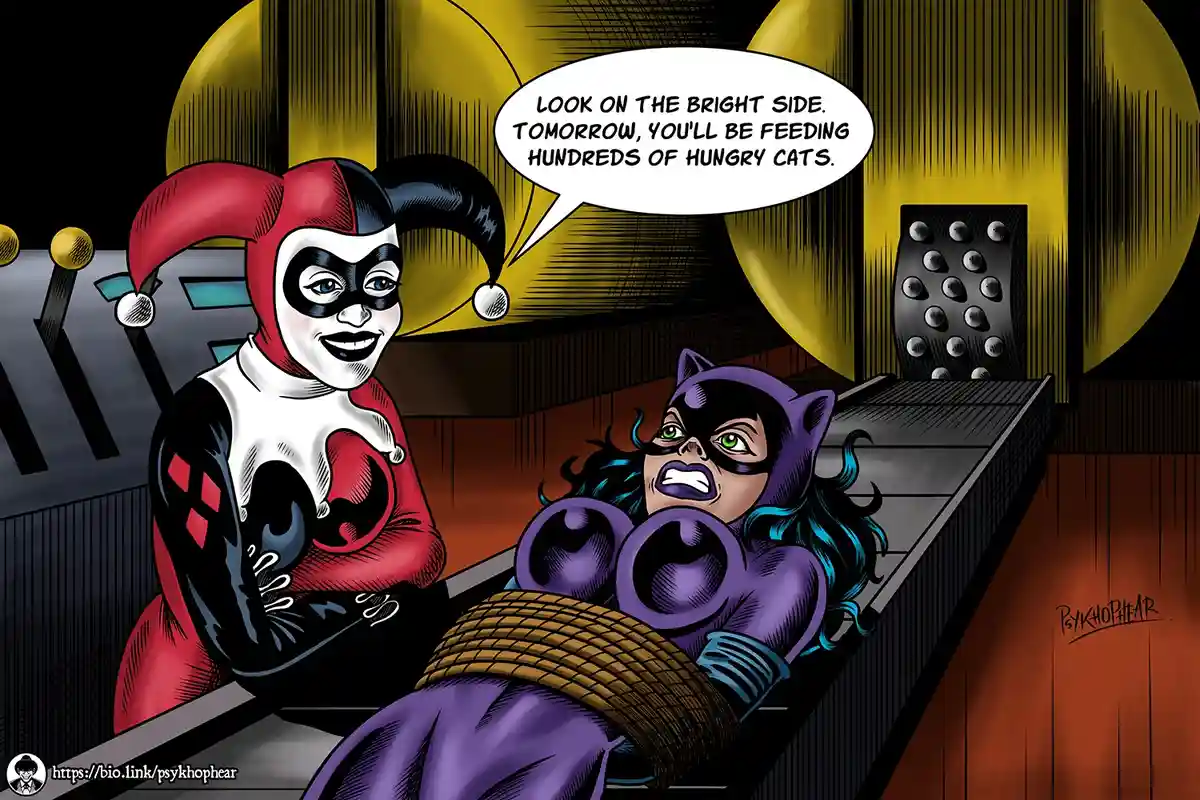 Harley Quinn, in her red and black jester outfit, stands smiling while speaking to a bound and distressed Catwoman in a…
