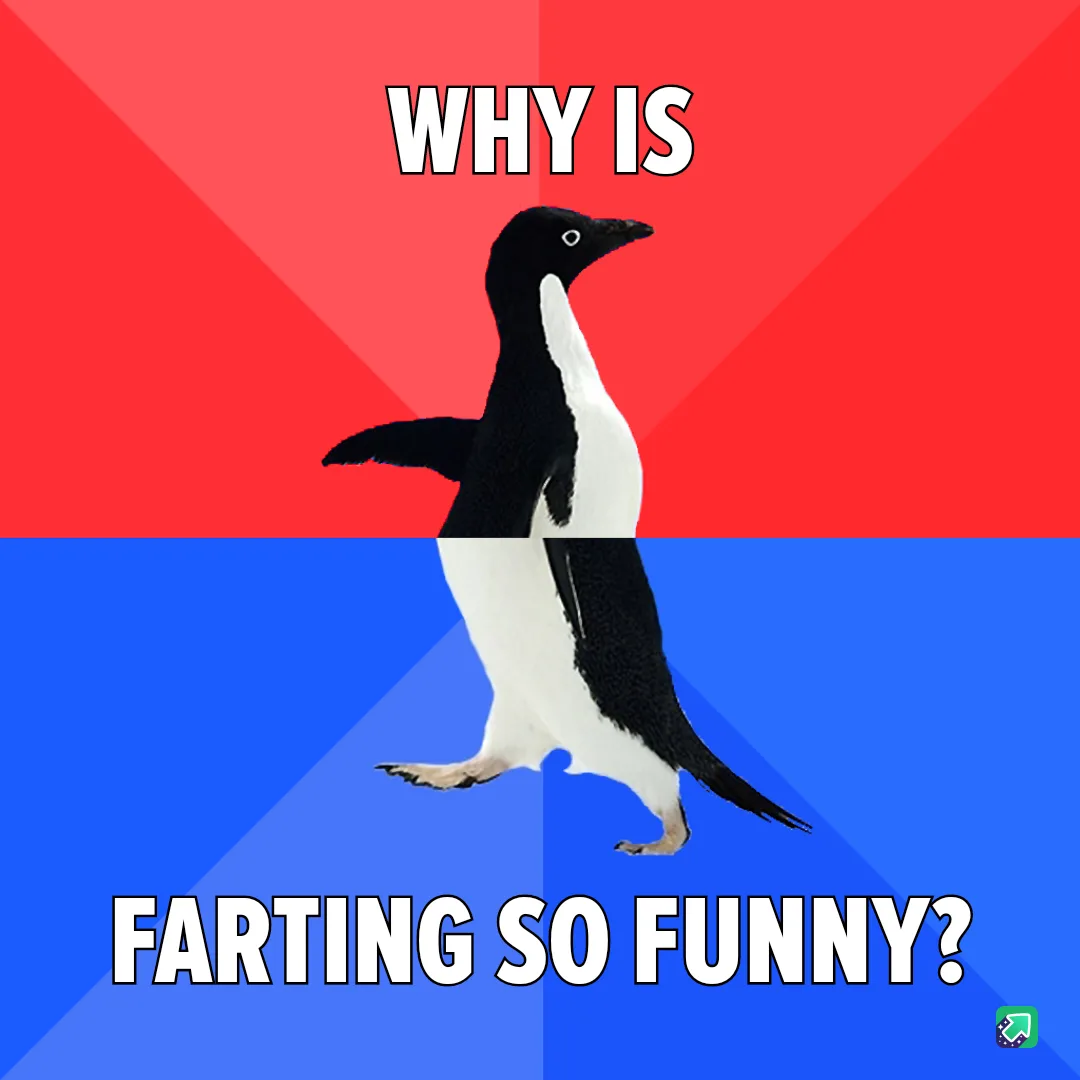 A black-and-white penguin stands centered against a red-and-blue background, with the text 'WHY IS' above it and 'FARTING SO…