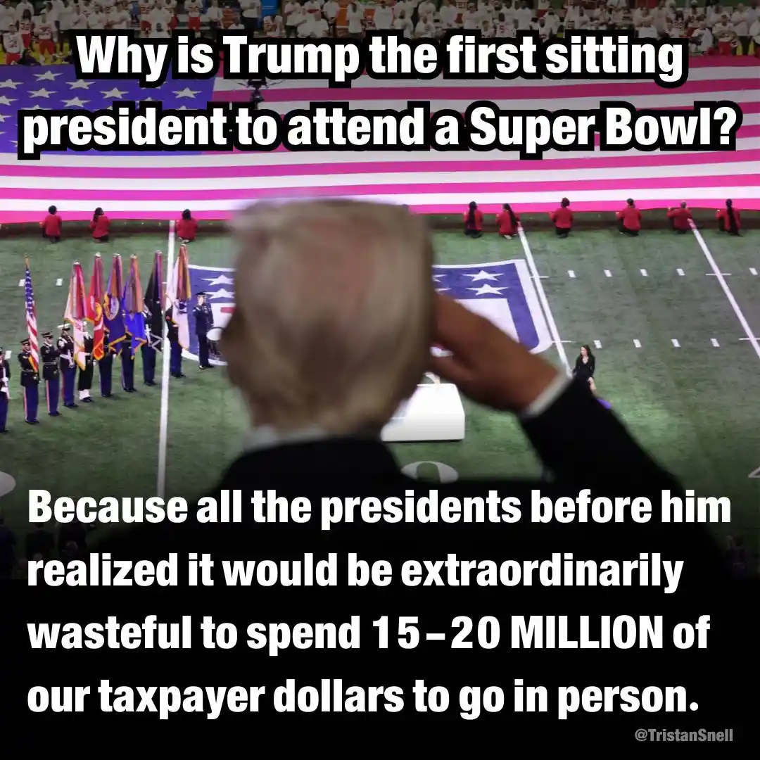 The image shows a rear view of Donald Trump saluting on a football field during a Super Bowl halftime show, with a large…