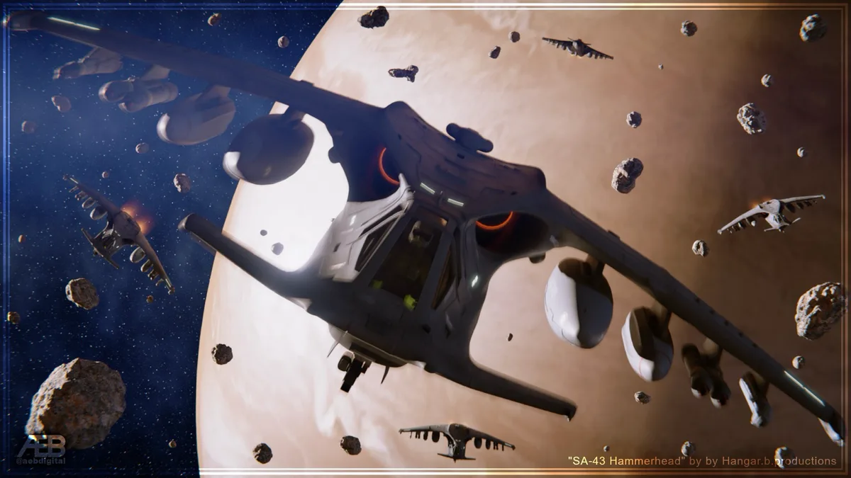 A sci-fi space scene featuring a large, angular spaceship with glowing orange engines, flying through an asteroid field near…