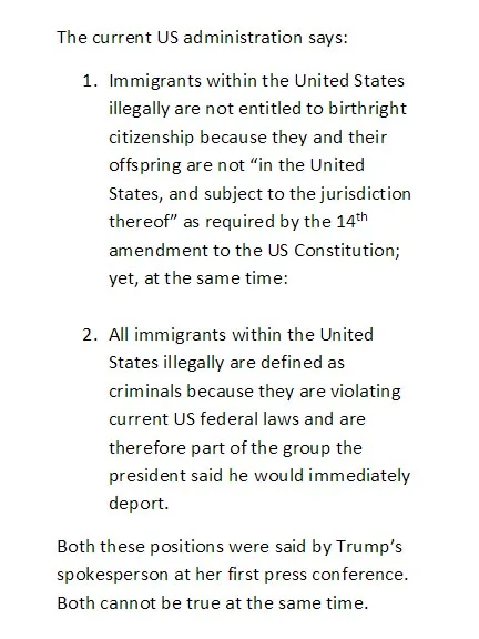 A text-based meme image displays a list of two contradictory statements attributed to the current US administration…
