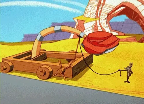A sequence of six panels from an animated cartoon shows a small, rabbit-like character pulling a wooden cart with a large…