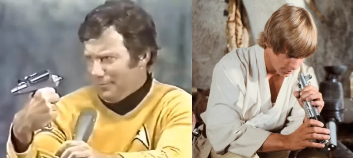 The image is a side-by-side comparison: on the left, William Shatner as Captain Kirk from Star Trek, holding a phaser and…