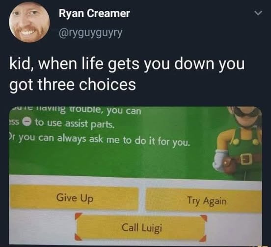 A screenshot of a tweet by Ryan Creamer showing a video game menu with three yellow buttons labeled 'Give Up', 'Try Again'…
