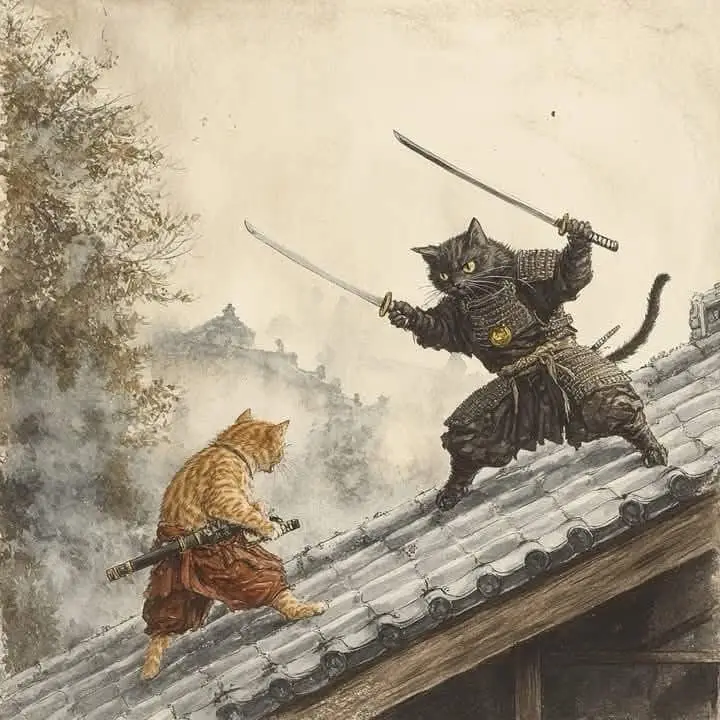 Two cats dressed as samurai stand on a tiled roof, one black cat in full armor holding a katana, facing a smaller orange cat…