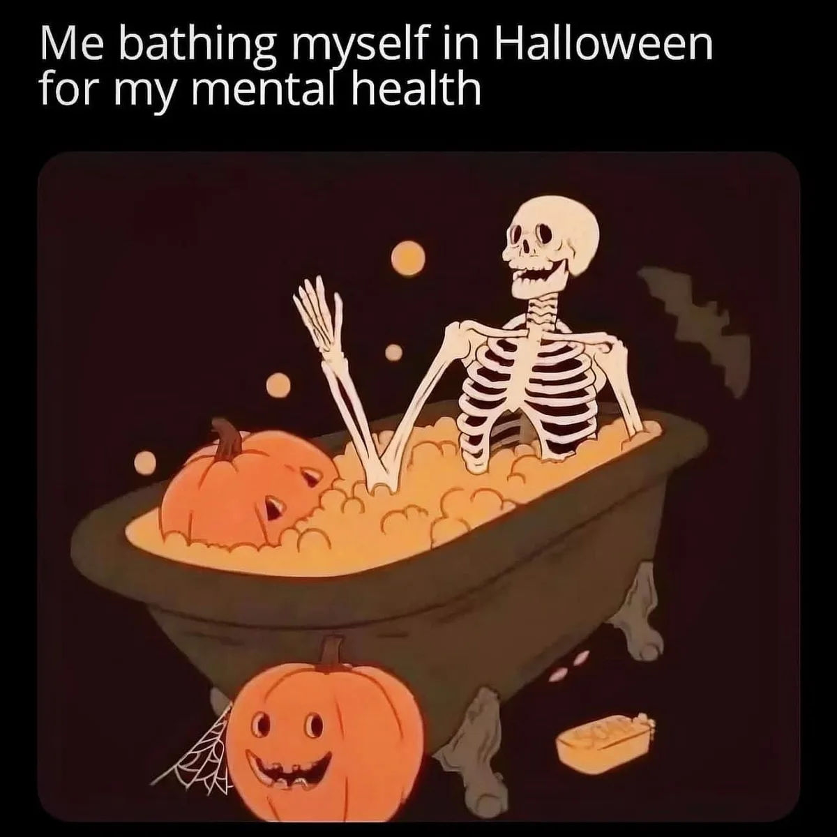 A cartoon skeleton sits in a clawfoot bathtub filled with orange bubbles and a carved pumpkin, waving cheerfully. A second…