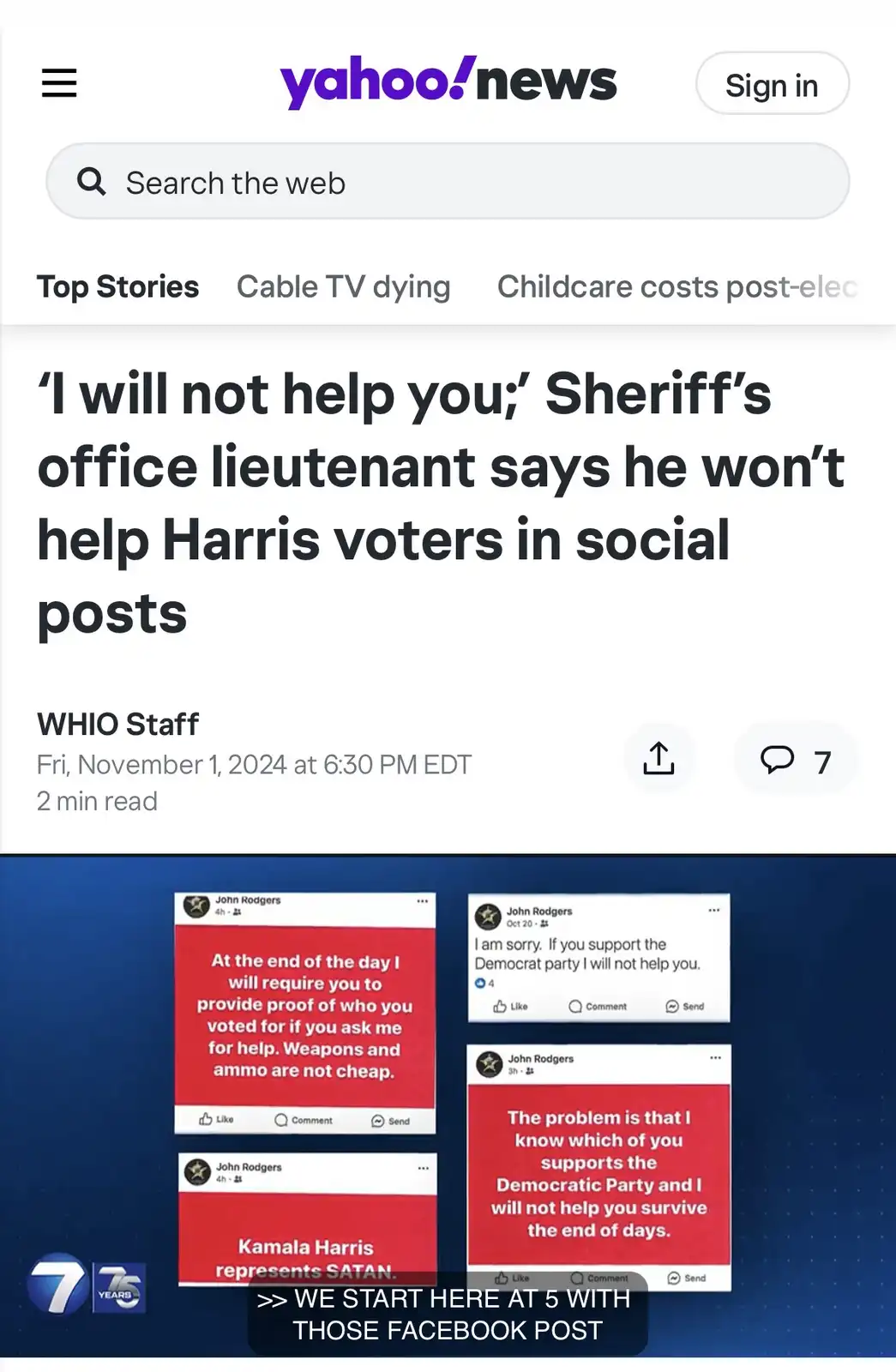 A Yahoo News article screenshot shows a headline about a sheriff's lieutenant refusing to help Harris voters. Below, four…