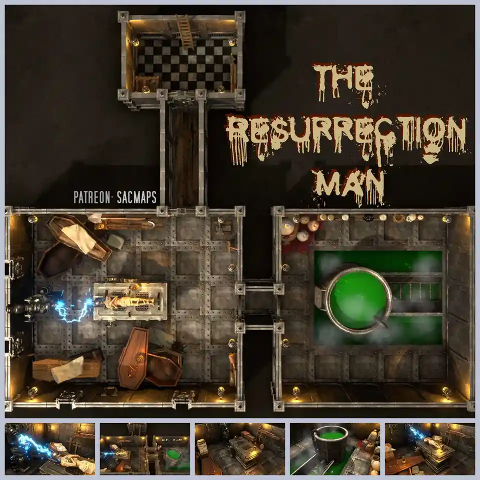An overhead view of a dark, industrial-style dungeon room with a central table holding a body being zapped by electricity…