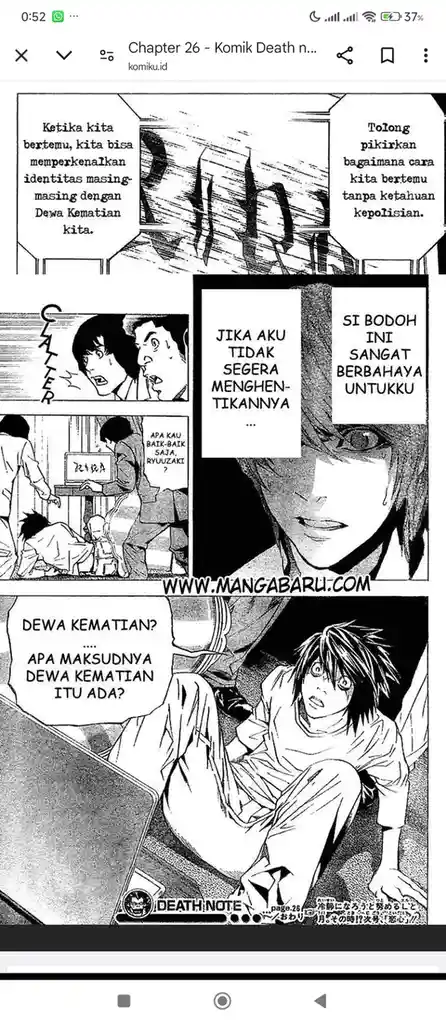 This is a manga panel from Death Note showing Light Yagami reacting to Ryuk's warning about a 'God of Death' being…