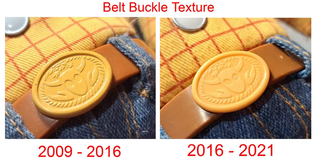 The image displays two side-by-side close-ups of a toy belt buckle, showing a change in texture over time. The left panel…