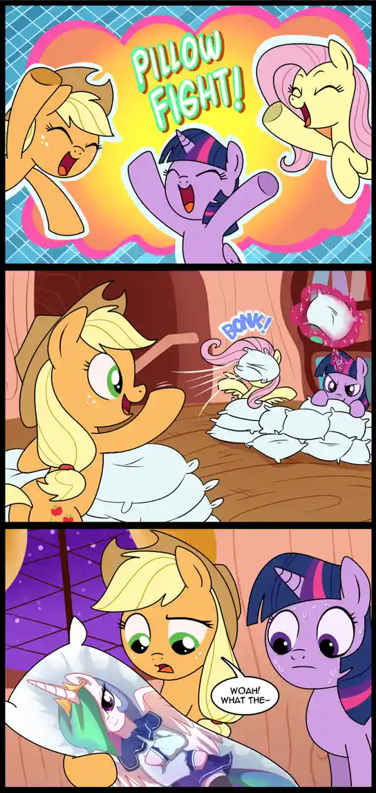 A three-panel comic strip featuring My Little Pony characters. The top panel shows Applejack, Twilight Sparkle, and…