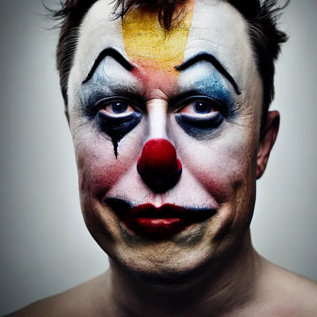 A close-up portrait of a man with a clown makeup look, featuring white face paint, exaggerated black eyebrows, a red nose…