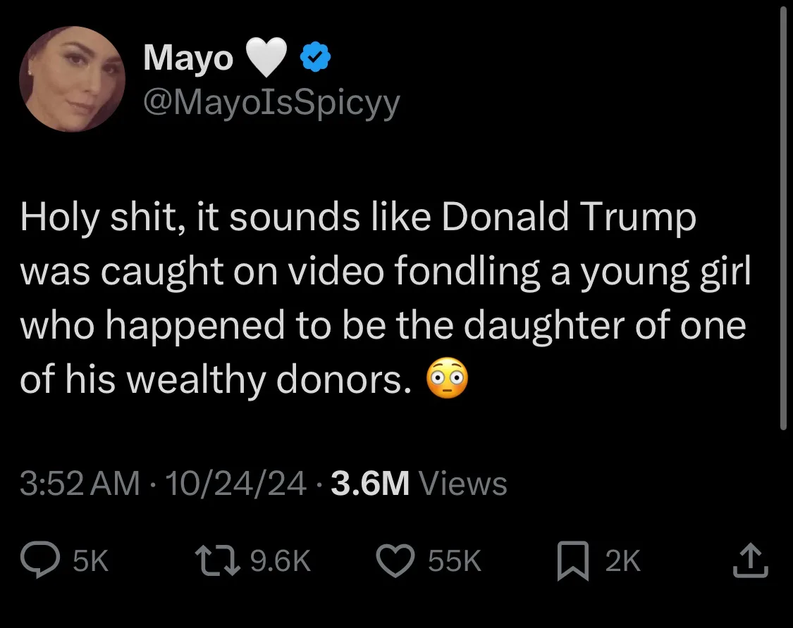 A screenshot of a tweet from verified user Mayo (@MayoIsSpicyy) with a black background and white text. The tweet reads…