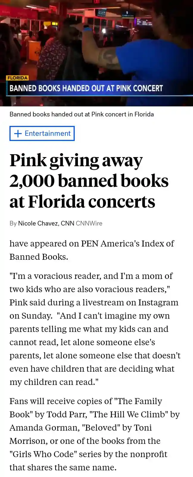 The image displays a screenshot of a CNN news article about singer Pink handing out 2,000 banned books at concerts in…