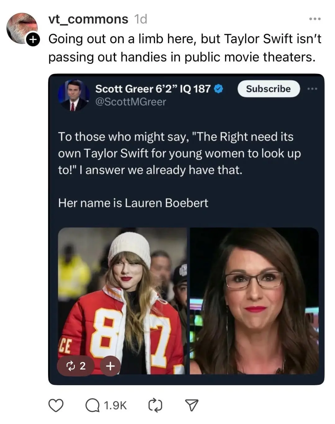 The image shows a screenshot of a tweet from Scott Greer, which includes a side-by-side photo of Taylor Swift wearing a red…