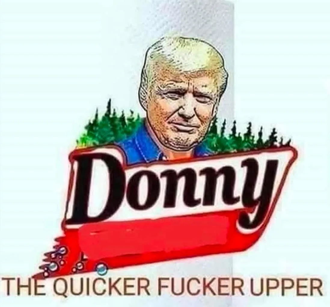 The image shows a parody logo resembling a cleaning product, featuring a cartoon depiction of Donald Trump's face above the…