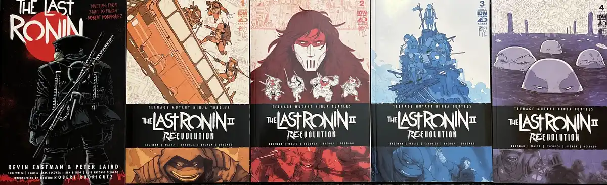 Five comic book covers for 'Teenage Mutant Ninja Turtles: The Last Ronin II Reevolution' are displayed side-by-side, each…