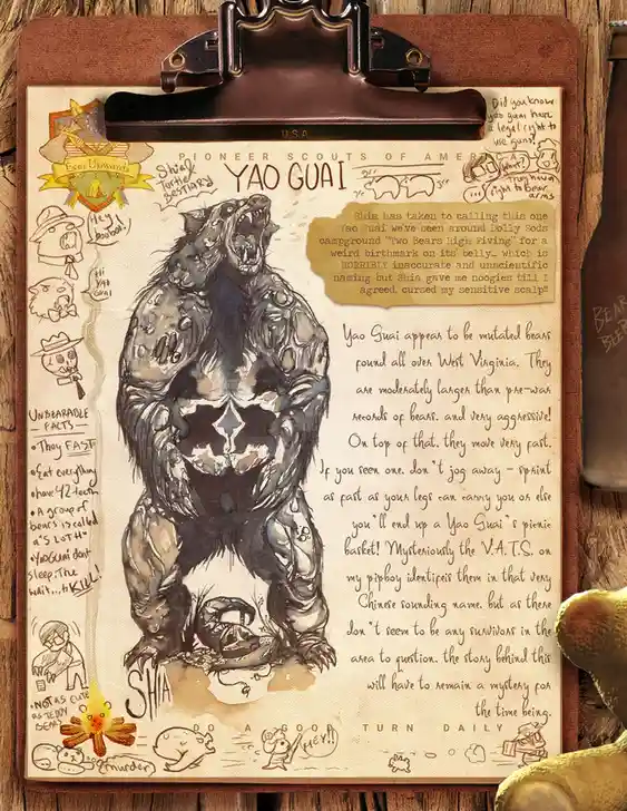 A hand-drawn, vintage-style field guide entry for 'Yao Guai' on a clipboard, featuring a large, aggressive, mutated bear…