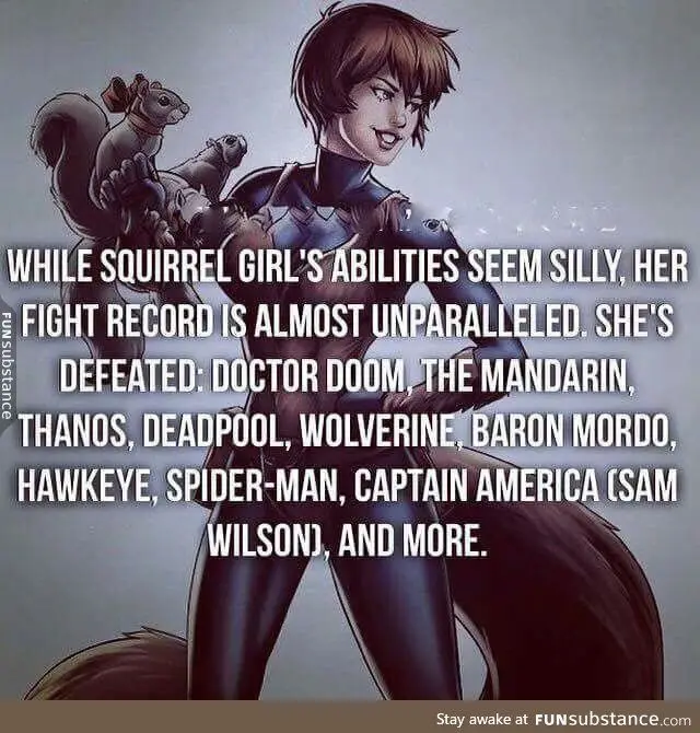 An illustration of the comic book character Squirrel Girl, who has a squirrel on her shoulder and another in her hand, with…