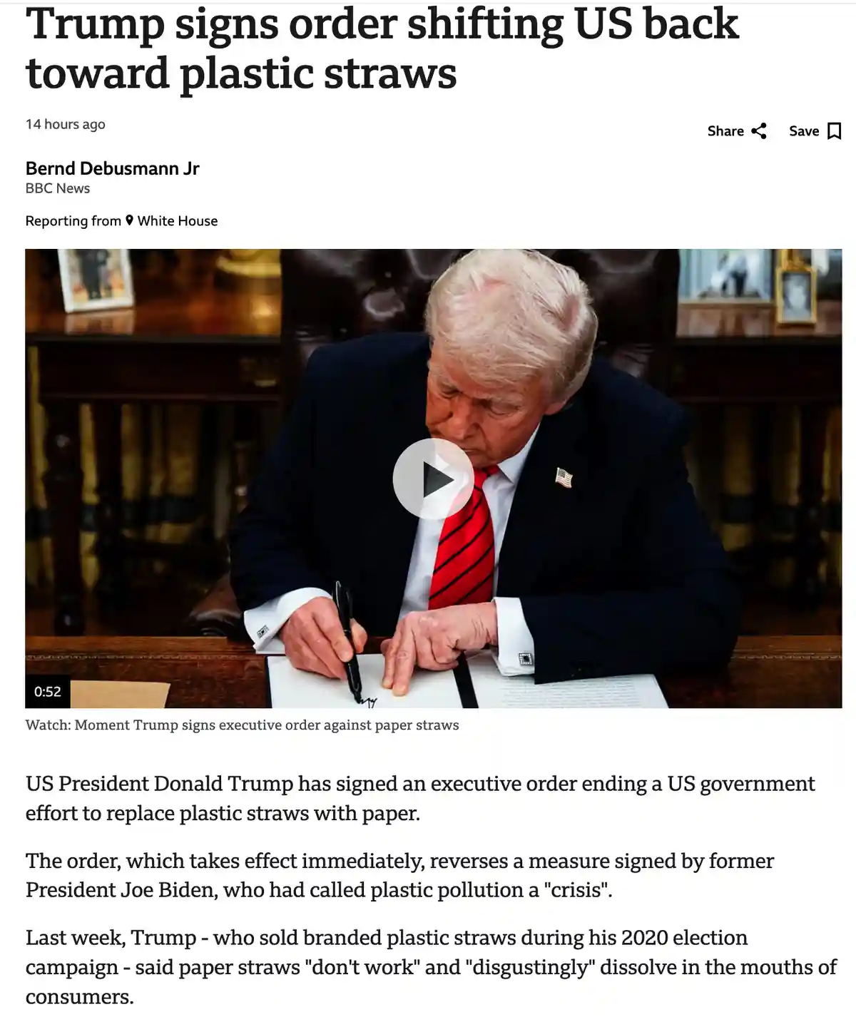 A screenshot of a BBC News article shows Donald Trump signing a document at a desk, with the headline 'Trump signs order…