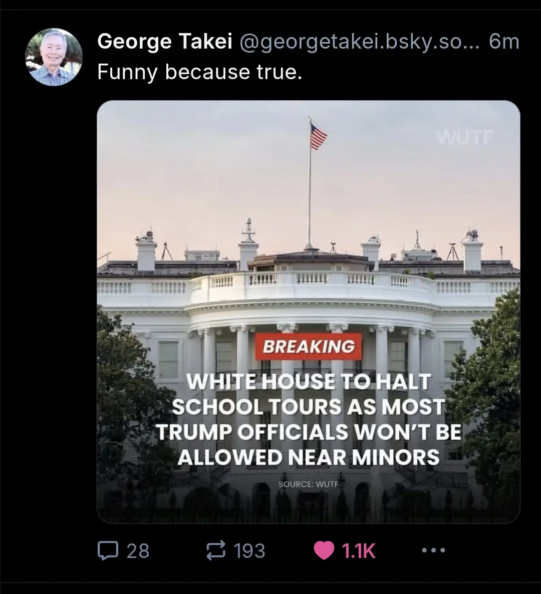 The image shows the White House with overlaid text mimicking a breaking news report. The text reads 'BREAKING WHITE HOUSE TO…