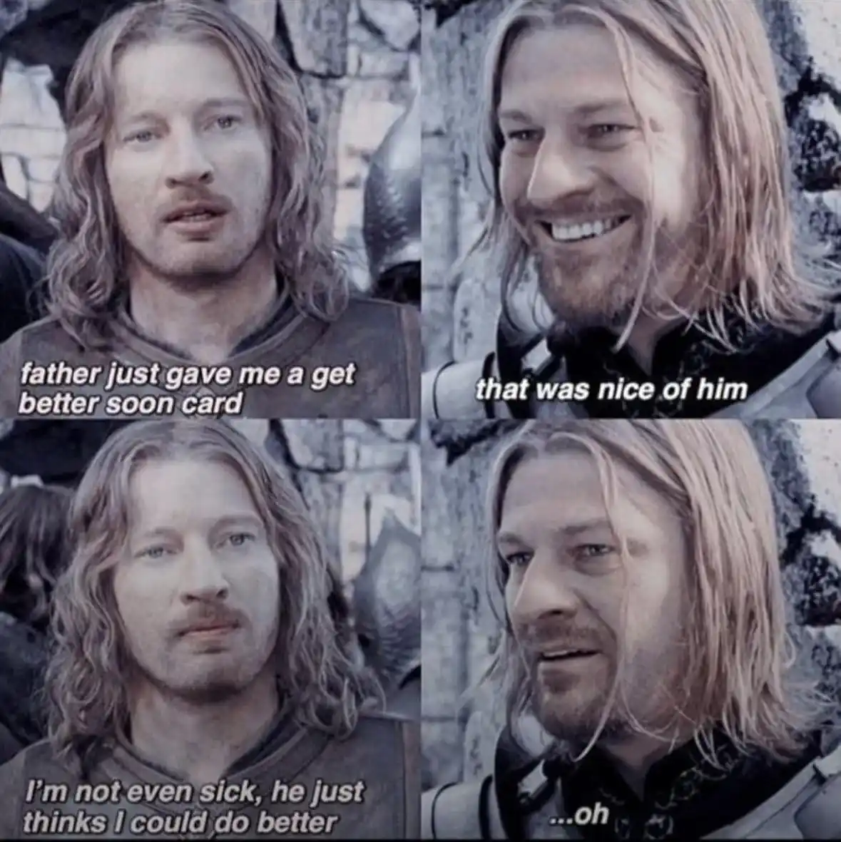 A four-panel meme featuring actor Clive Standen as a character with long hair and a beard, reacting to a 'get better soon'…