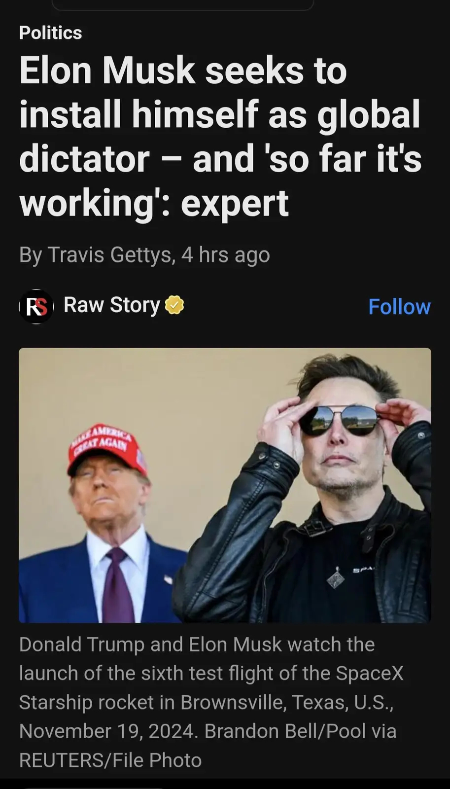 A screenshot of a news article from Raw Story with the headline 'Elon Musk seeks to install himself as global dictator – and…