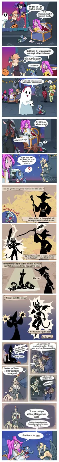A comic strip shows fantasy characters preparing for Halloween, excited to go trick-or-treating. They discuss costumes and…
