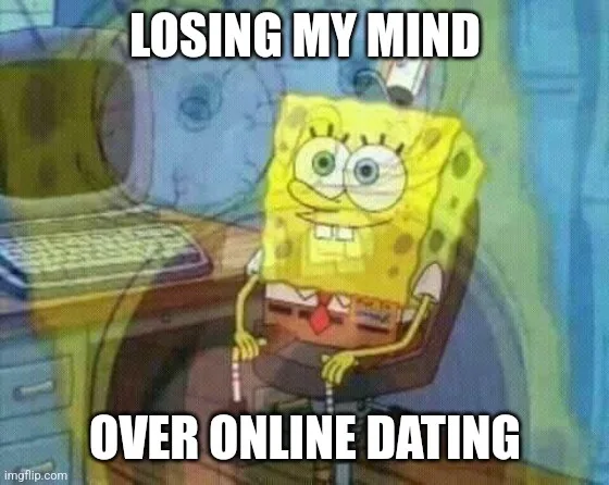 SpongeBob SquarePants sits at a desk with a computer, looking stressed and overwhelmed. The overlaid text reads 'LOSING MY…