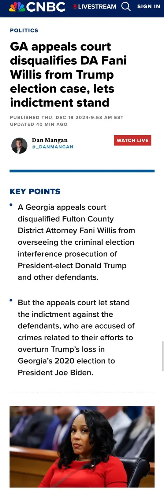 A screenshot of a CNBC news article about a Georgia appeals court disqualifying Fulton County District Attorney Fani Willis…