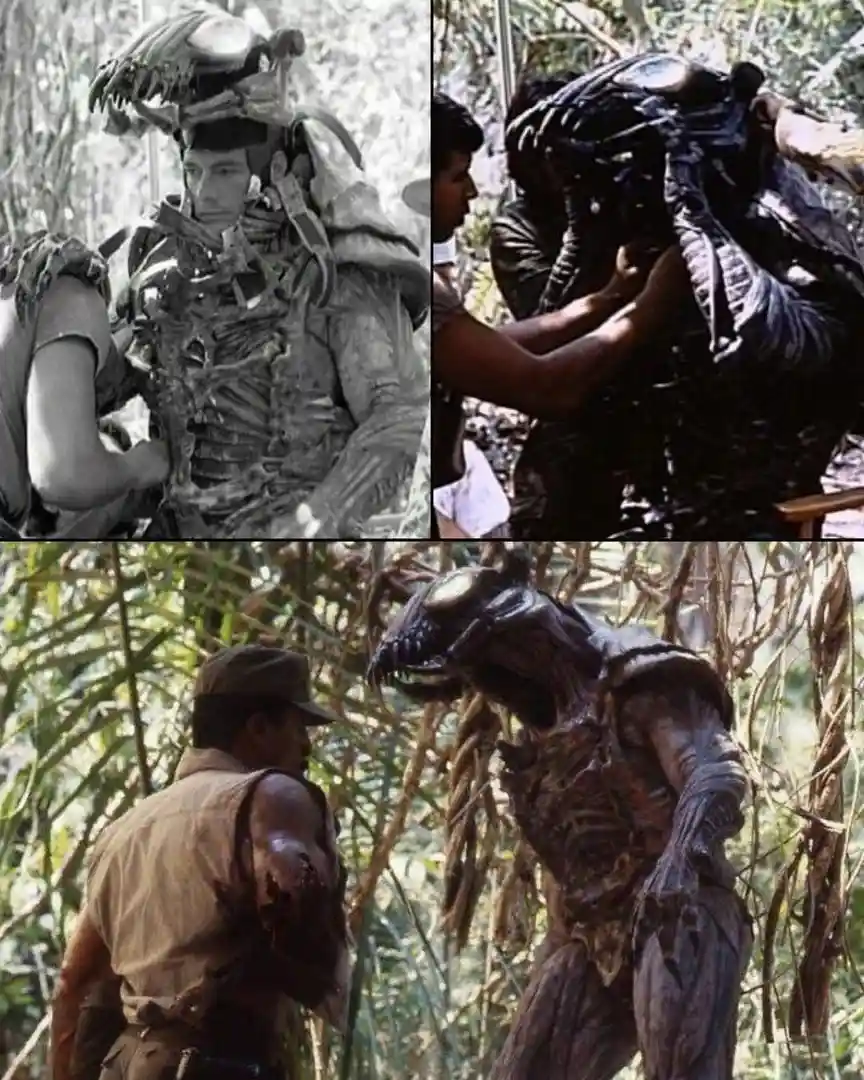 Three panels show behind-the-scenes footage of the Alien movie, where crew members are seen constructing the alien costume…
