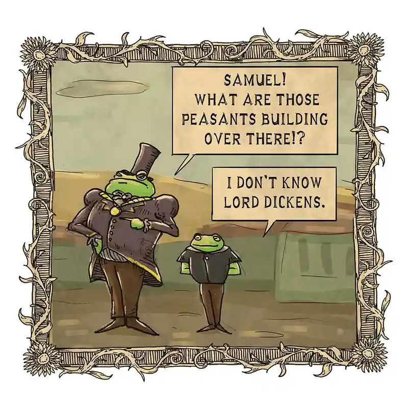 Two anthropomorphic frogs dressed in Victorian-era clothing stand in a desert-like landscape. The taller frog, wearing a top…