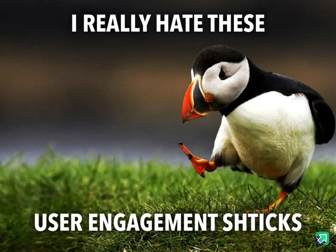 A photograph of a puffin standing on green grass, looking annoyed and kicking one foot up. White bold text at the top reads…