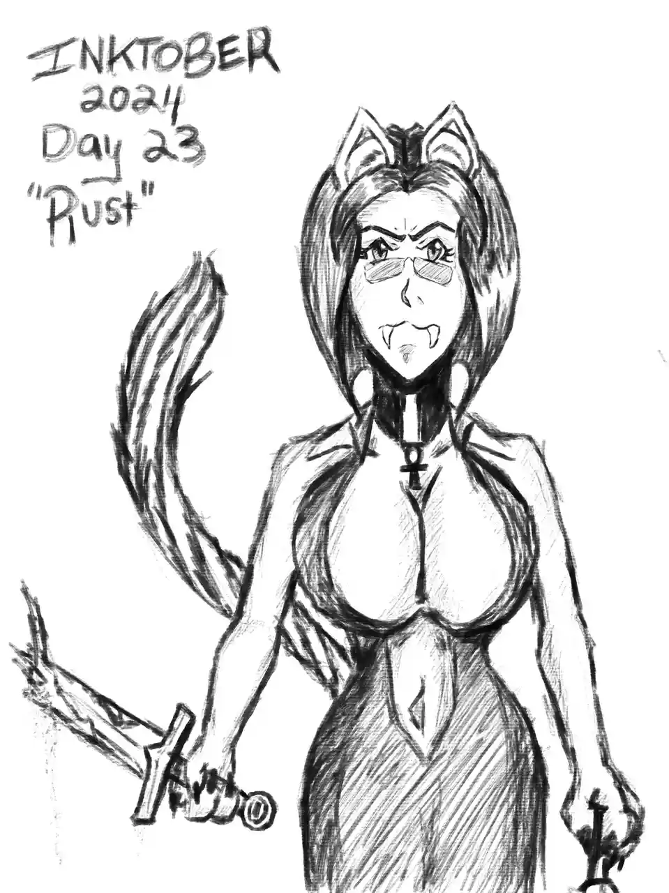 A black-and-white sketch of a female anime-style character with cat ears, fangs, and a tail, wearing a revealing dress and…