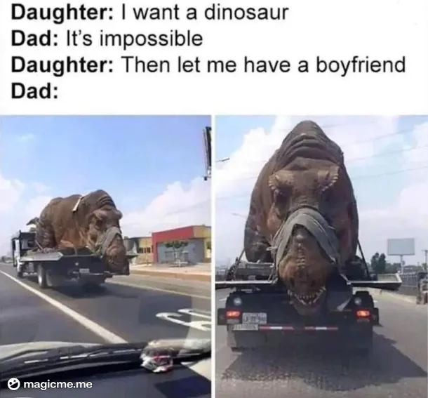 A two-panel image shows a large, realistic-looking T-Rex dinosaur statue being transported on a flatbed truck. The left…