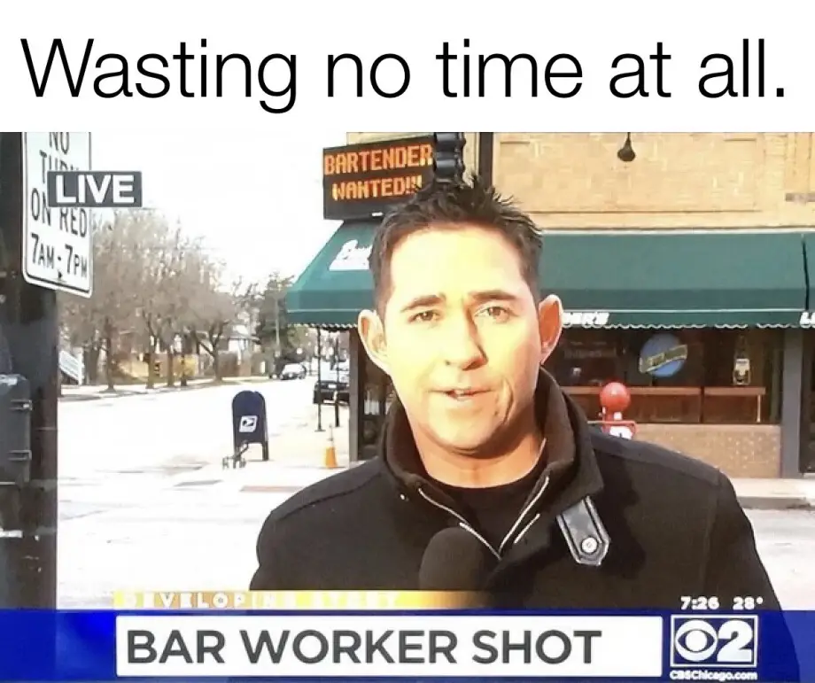 A news reporter stands outside a bar with a 'BARTENDER WANTED!!' sign visible in the background. The on-screen text reads…
